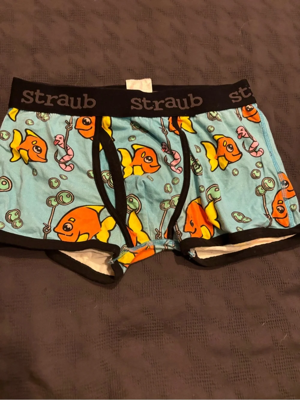 Christopher Staub Men’s rare Light Blue Swim Trunks with Orange Fish Print